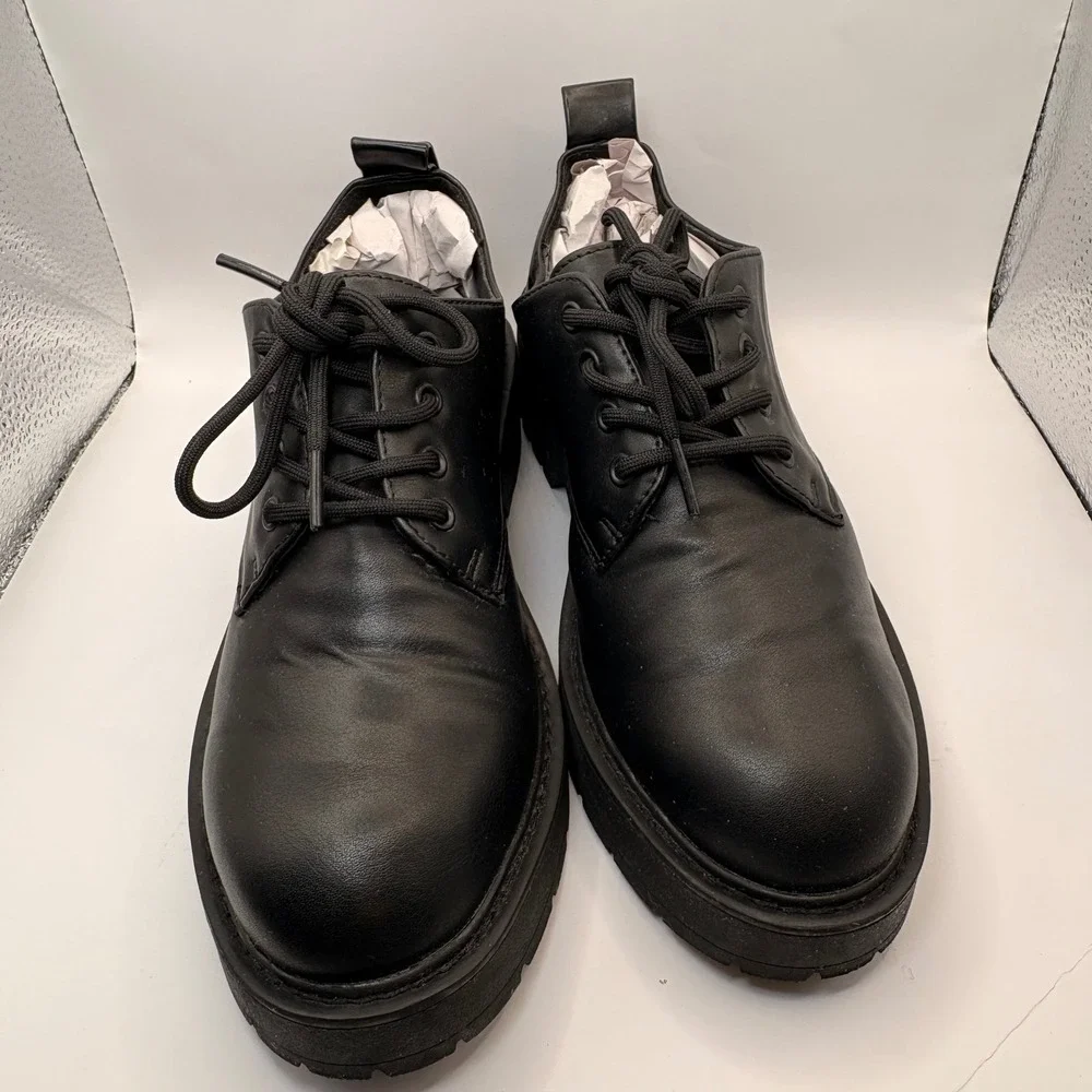 Black Faux Leather Platform Lug Sole Lace Up Oxfords Chunky Block Heel Size 9